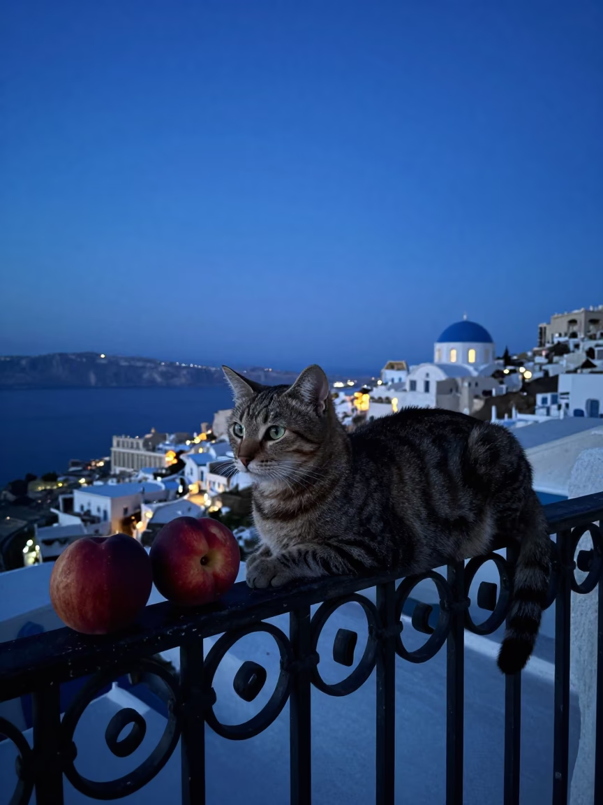 Athens Evening Blue Light Nectarines and Tabby Cat on Balcony in in Athens, Greece