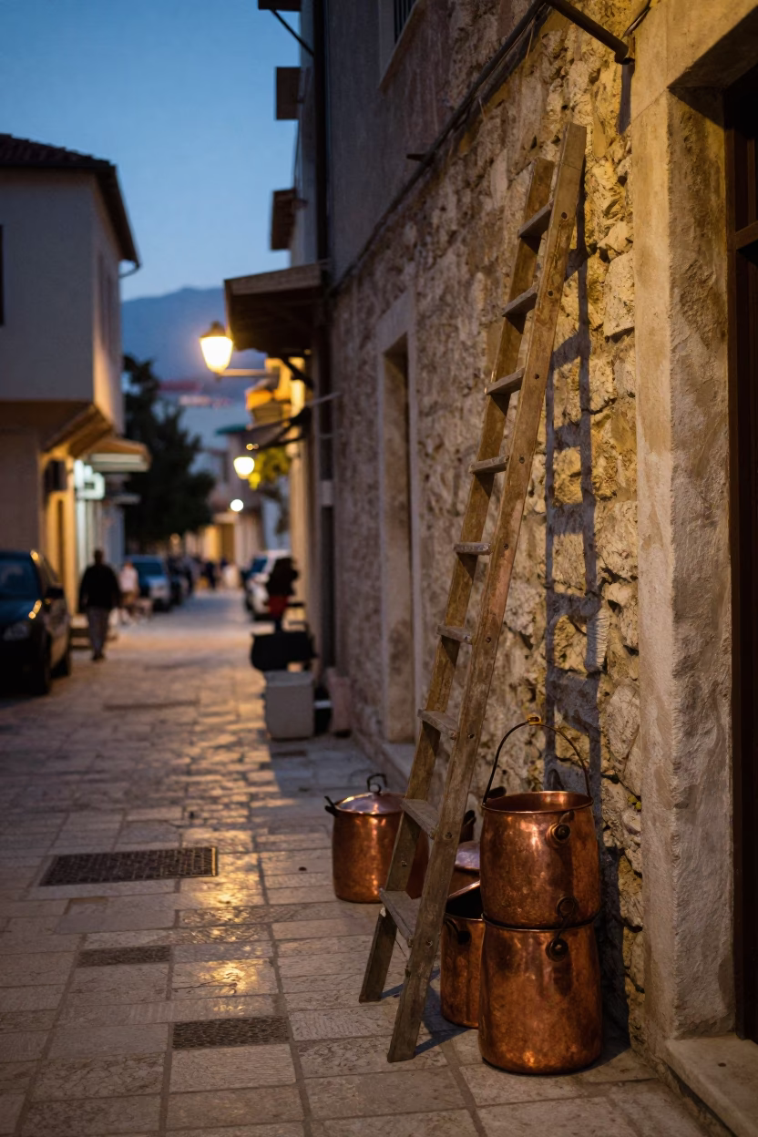 Athens Evening Street Scene with Copper Pots and Ladder in in Athens, Greece