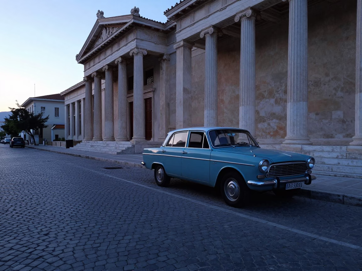 Athens Greece Before Dawn Street Scene With Vintage Car And Stone Architecture in in Athens, Greece