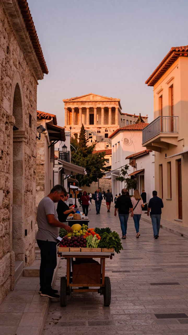 Athens Greece Before Dusk Street Scene with Stone Architecture and Copper Light in in Athens, Greece
