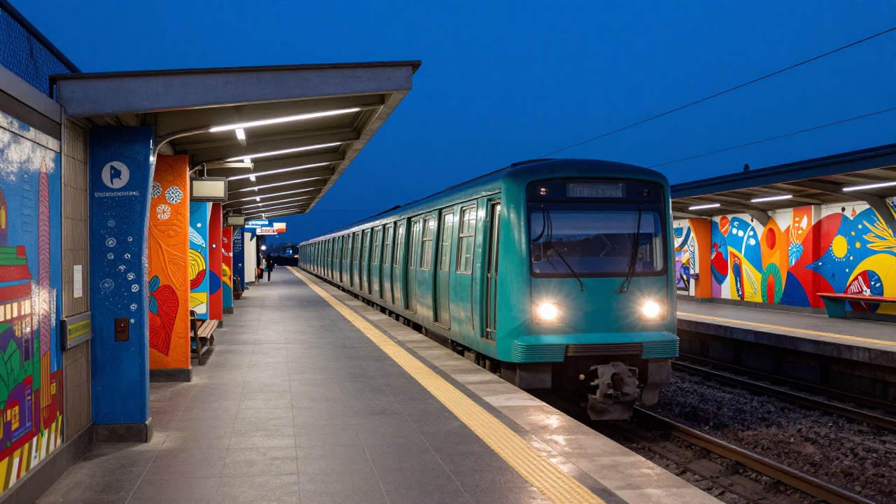 Athens Greece Blue Hour Metro Train Art Adorned Station Platform Scene in in Athens, Greece
