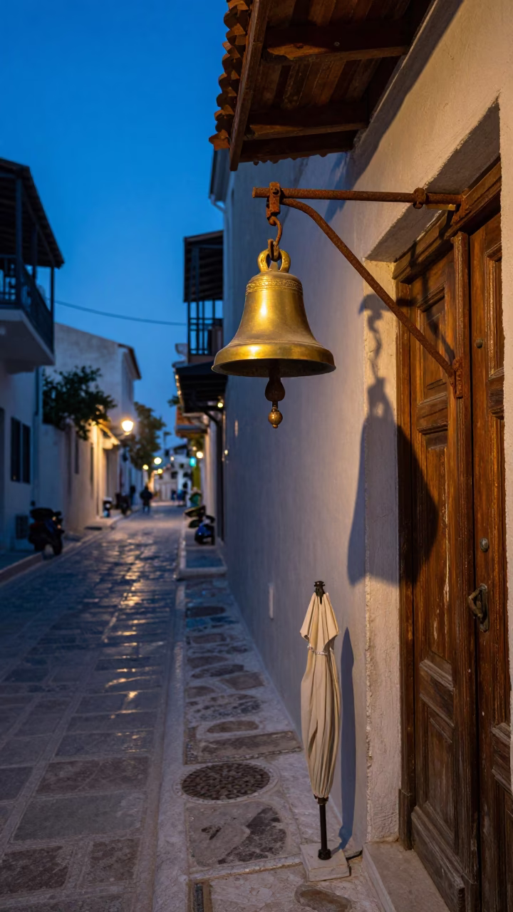 Athens Greece Blue Hour Street Scene with Bell and Umbrella Stand in in Athens, Greece