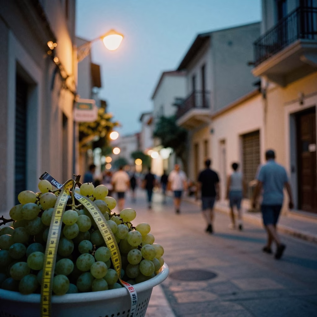 Athens Greece Blue Hour Street Scene with Measuring Tapes and Grapes in in Athens, Greece