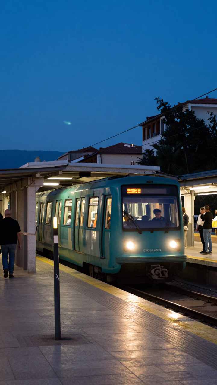 Athens Greece Blue Hour Street Scene with Metro Train and Candle Holder in in Athens, Greece