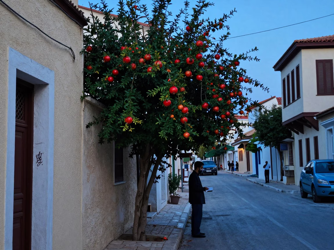 Athens Greece Blue Hour Street Scene with Pomegranate Tree and Hotel Valet Stand in in Athens, Greece
