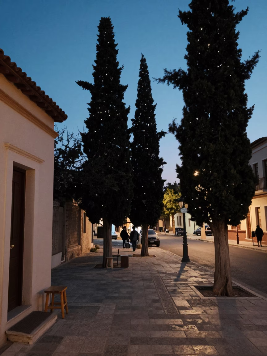 Athens Greece Blue Hour Street Scene with Row of Cypress Trees Along Road in in Athens, Greece
