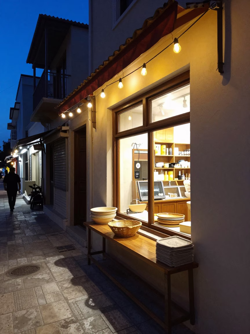 Athens Greece Blue Hour Street Scene with String Lights and Window Light in in Athens, Greece