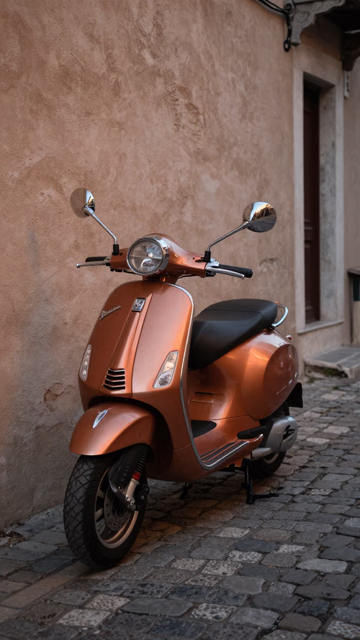Athens Greece Cobblestone Lane Vintage Vespa Copper Dusk Light in in Athens, Greece