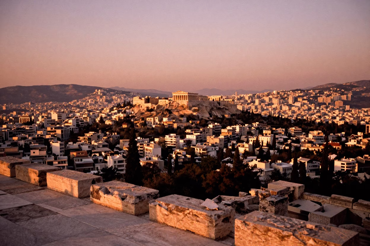 Athens Greece Copper Dusk Horizon View Ancient Ruins and Cityscape in in Athens, Greece