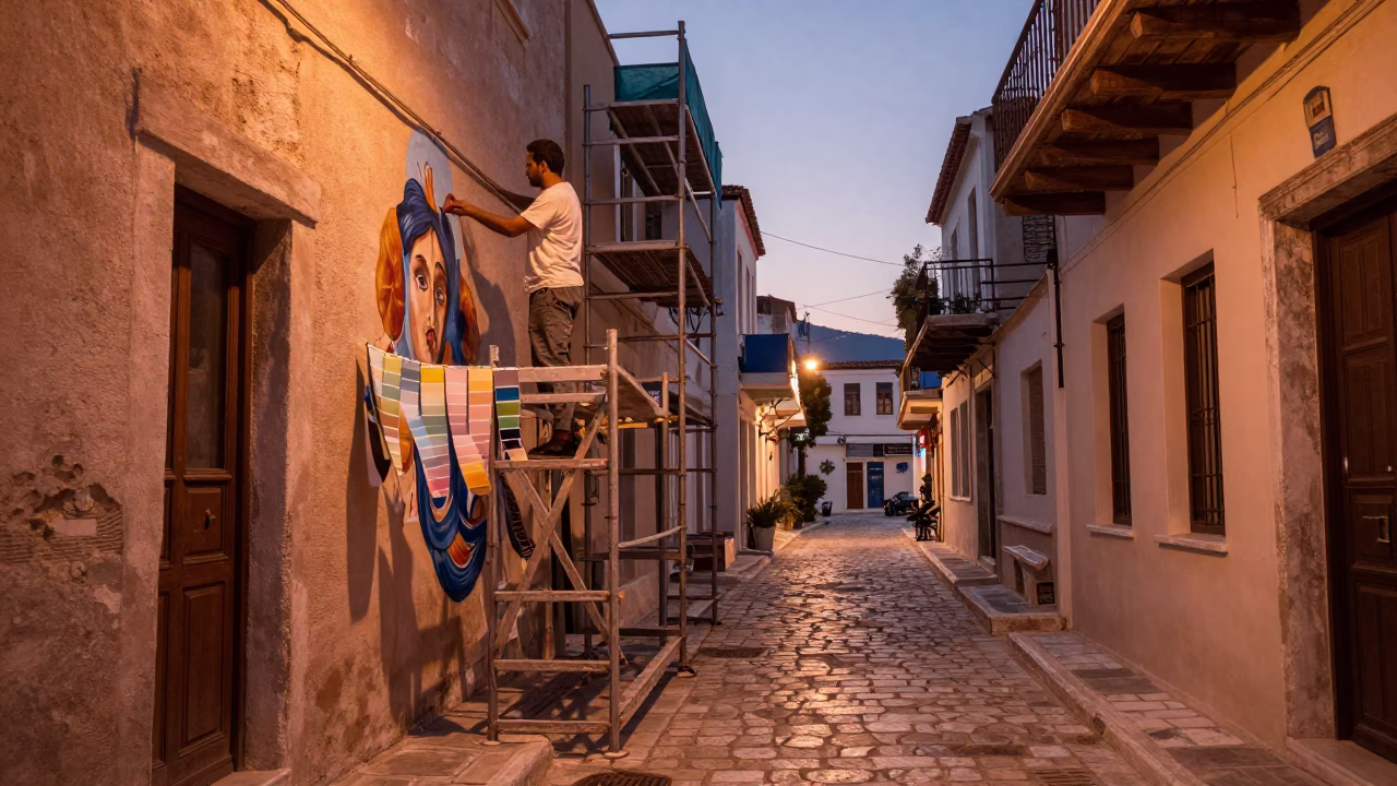 Athens Greece copper dusk street scene with muralist scaffolding and pastel swatches in in Athens, Greece