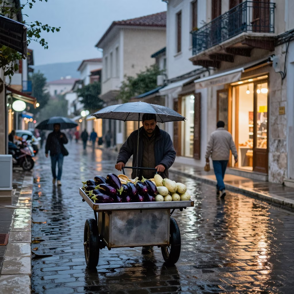 Athens Greece Dusk Rain Street Scene with Rolling Carts and Local Market in in Athens, Greece