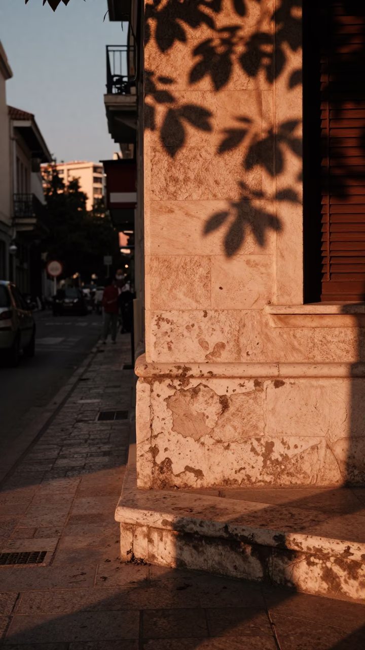 Athens Greece Dusk Street Scene with Leaf Shadows and Urban Details in in Athens, Greece