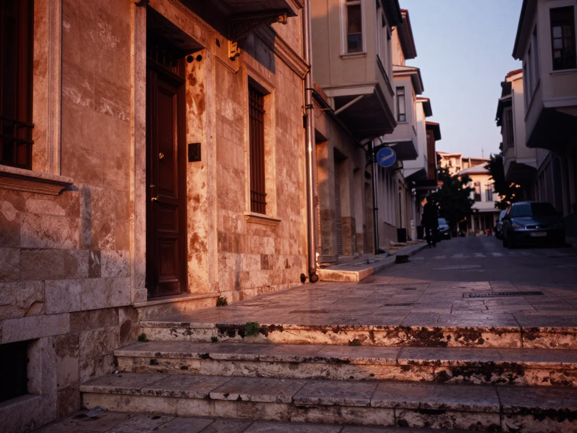 Athens Greece Dusk Street Scene with Stone Steps and Urban Life in in Athens, Greece