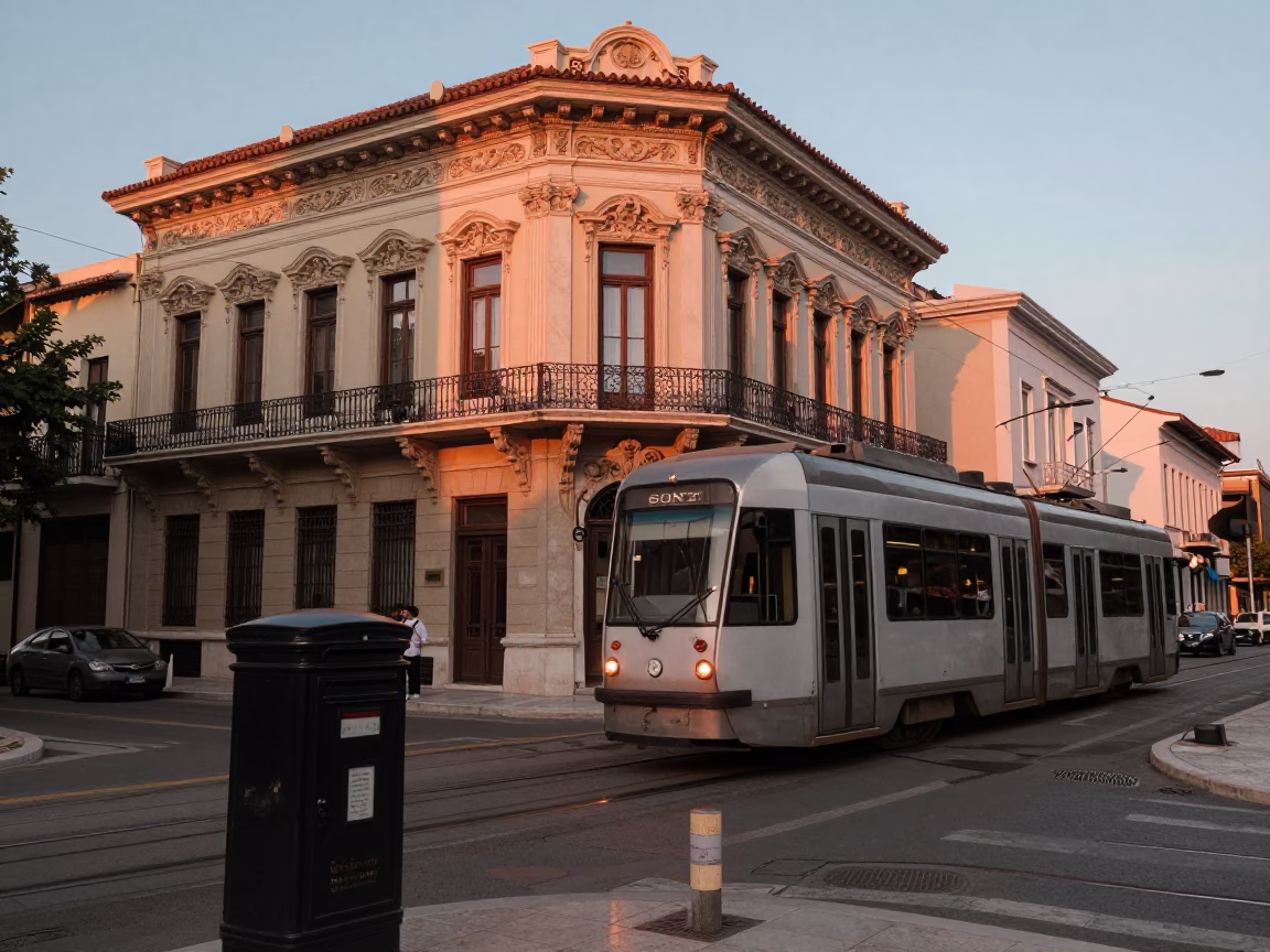 Athens Greece Dusk Tram Passing Art Nouveau Facades with Mailbox and Hibiscus in in Athens, Greece