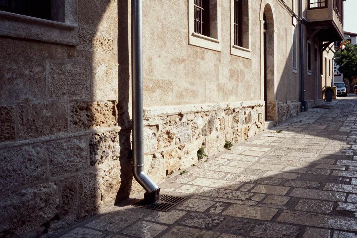 Athens Greece Early Afternoon Street Scene with Brushed Steel Drain and Urban Details in in Athens, Greece