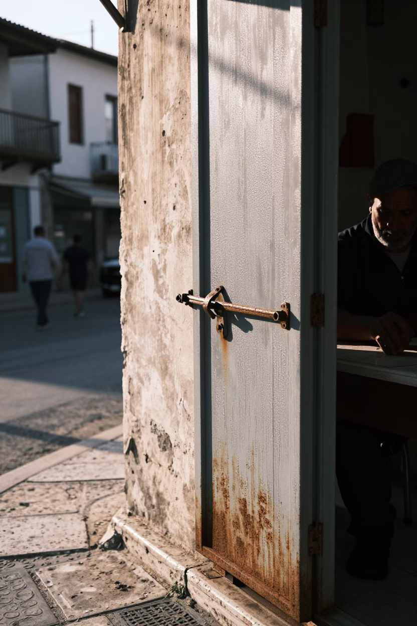 Athens Greece Early Afternoon Street Scene with Condensation on Latch and File Box in in Athens, Greece