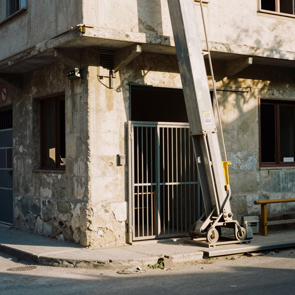 Athens Greece early afternoon street scene with construction elevator and rebar bundles in in Athens, Greece