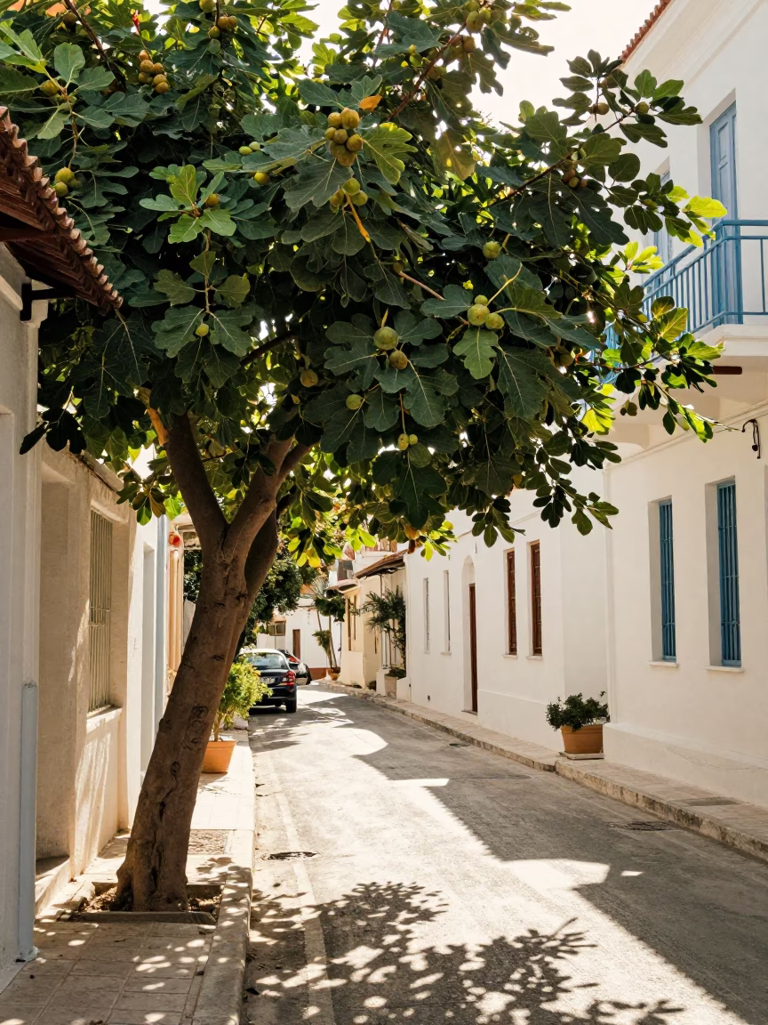 Athens Greece Early Afternoon Street Scene with Fig Tree and Local Activity in in Athens, Greece