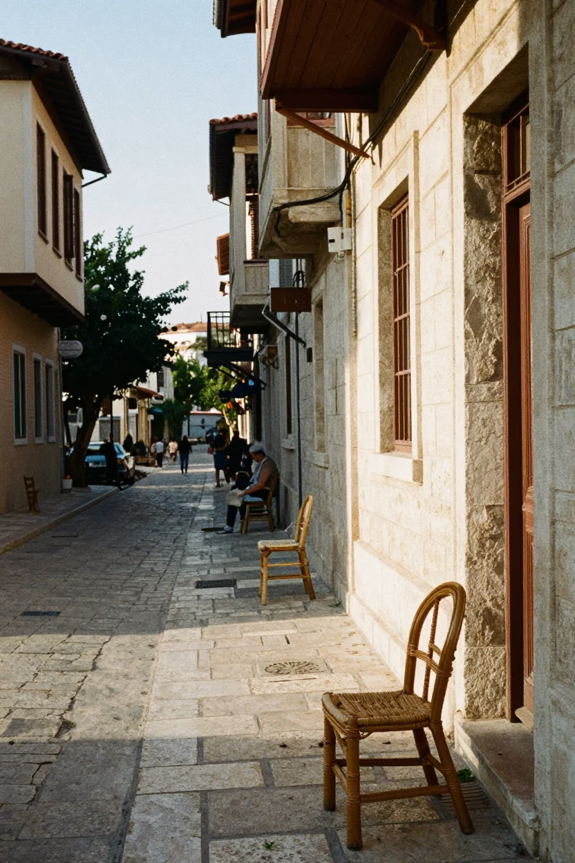 Athens Greece Early Afternoon Street Scene with Rattan Chair and Basket Tray in in Athens, Greece