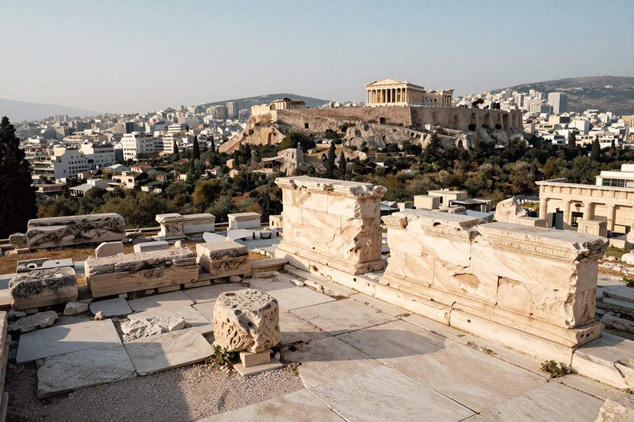 Athens Greece Early Afternoon Sunlight on Ancient Marble Ruins and Modern Cityscape in in Athens, Greece