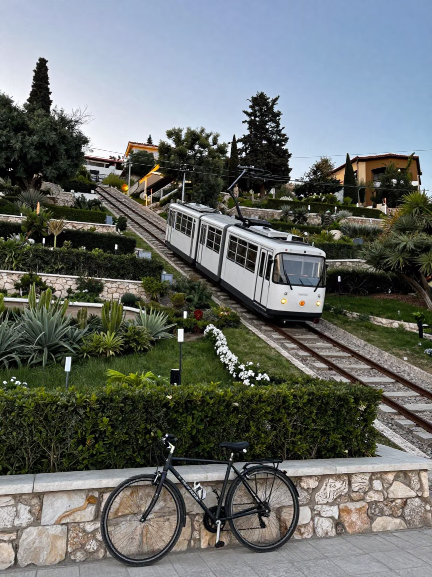 Athens Greece Early Evening Funicular Ride Through Terraced Gardens With Bicycle in in Athens, Greece