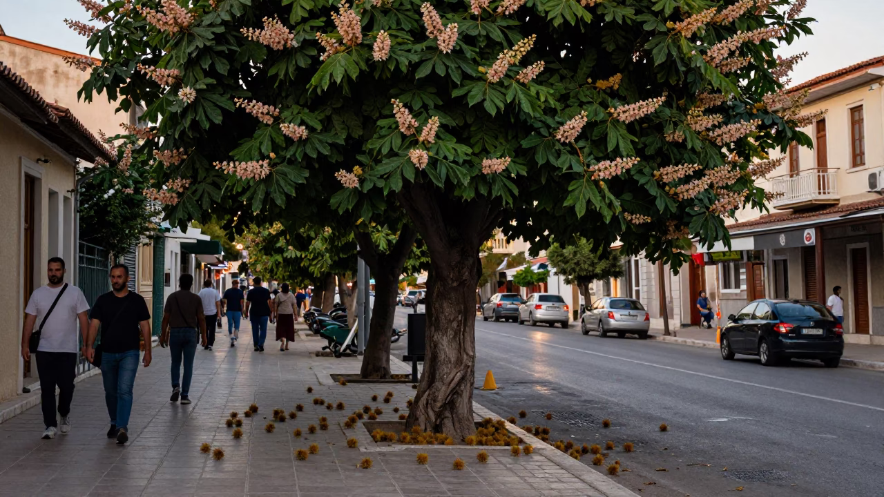Athens Greece Early Evening Street Scene with Chestnut Tree and Traditional Architecture in in Athens, Greece