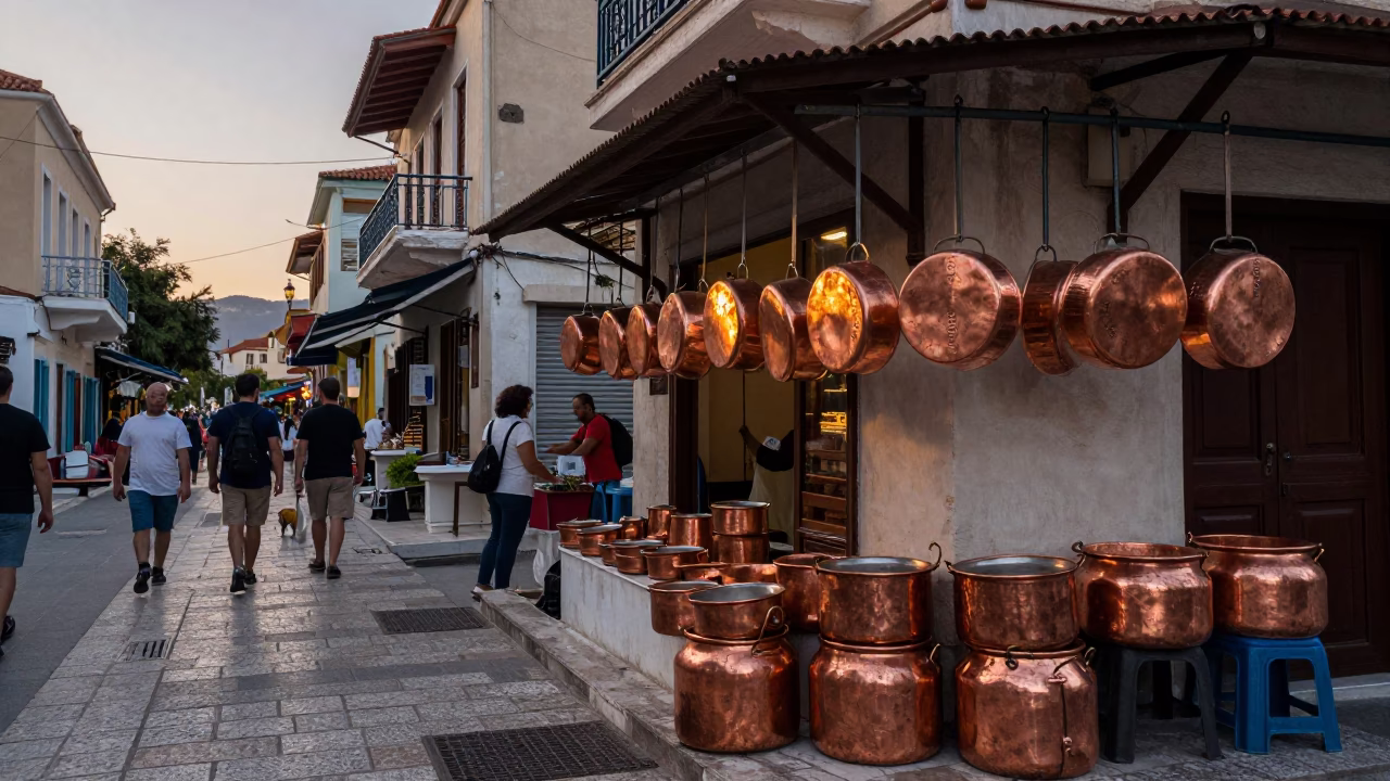 Athens Greece Early Evening Street Scene with Copper Pots and Tram on Steep Hill in in Athens, Greece