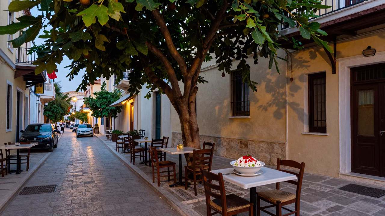 Athens Greece Early Evening Street Scene with Fig Tree and Traditional Cafe in in Athens, Greece
