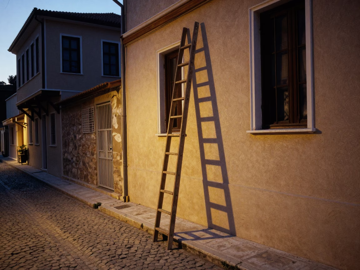 Athens Greece Early Evening Street Scene with Ladder and Window Light in in Athens, Greece