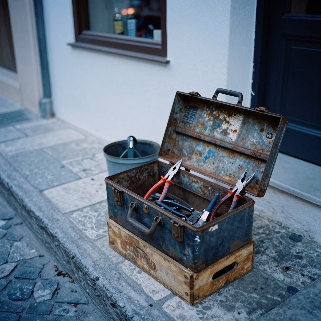 Athens Greece Early Evening Street Scene with Toolbox and Rusty Saucer Details in in Athens, Greece