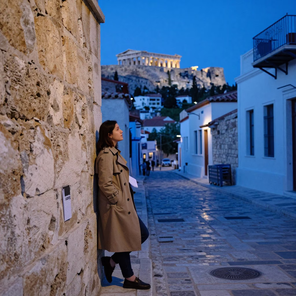 Athens Greece Evening Blue Hour Street Scene with Notebook and Condensation in in Athens, Greece