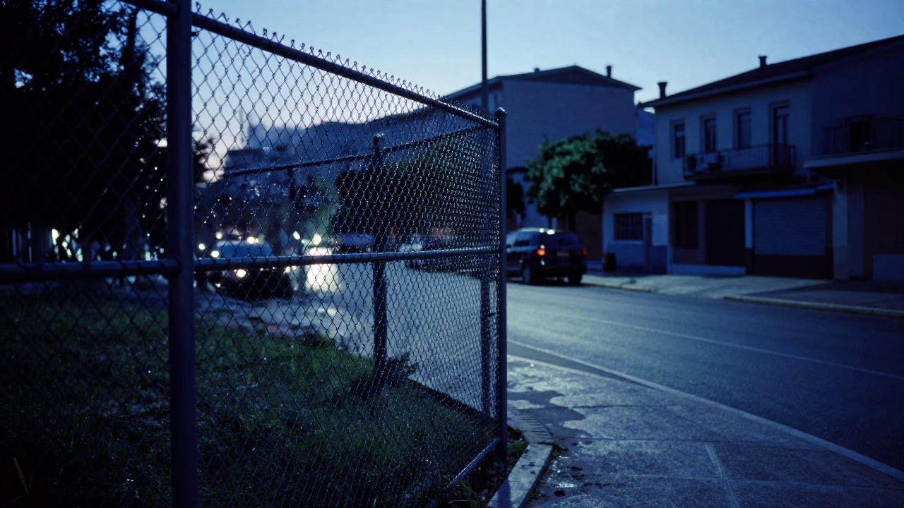 Athens Greece Evening Blue Hour Substation Fence and Urban Street Scene in in Athens, Greece