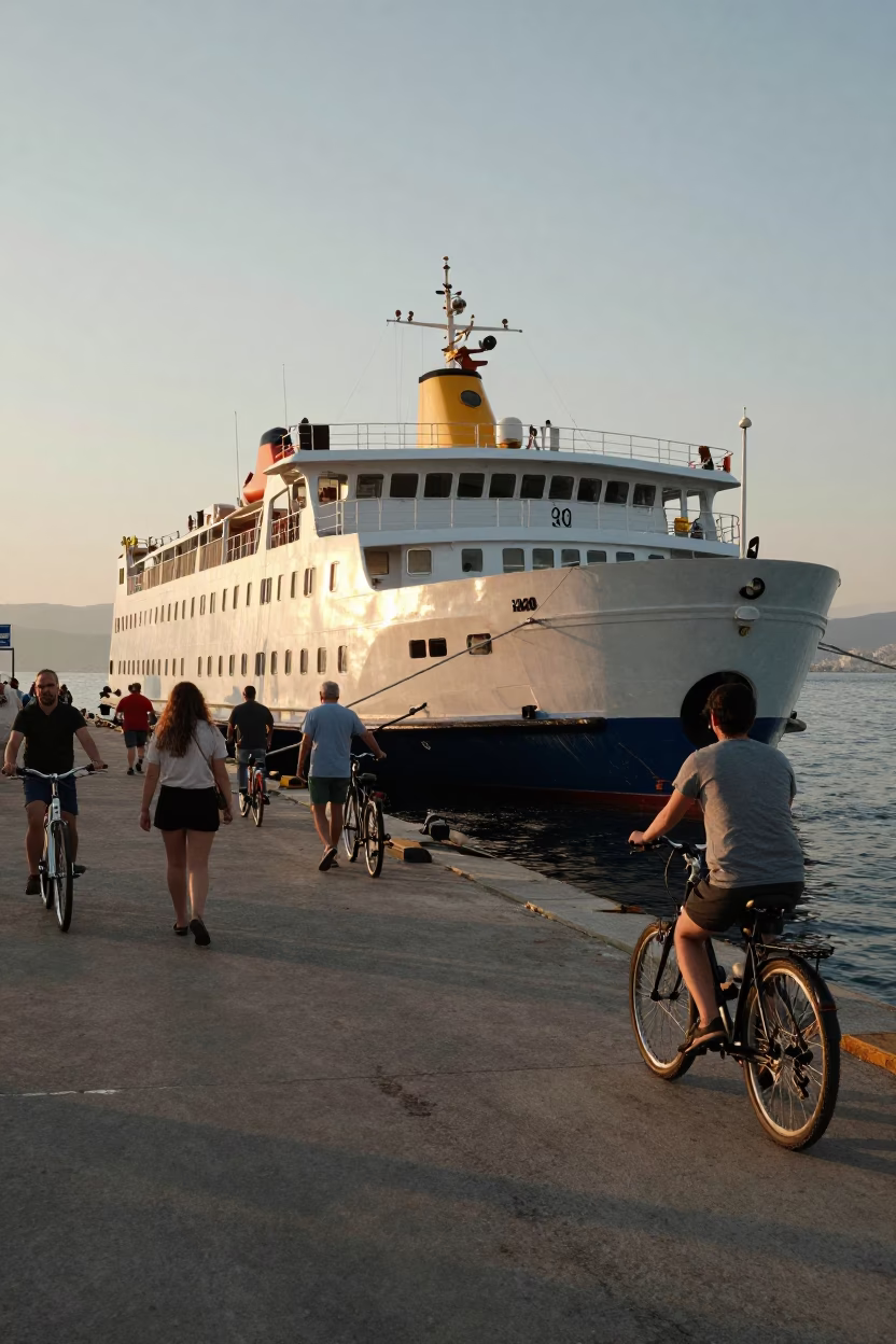 Athens Greece Evening Ferry Dock with Passengers and Bicycles in Honeyed Light in in Athens, Greece