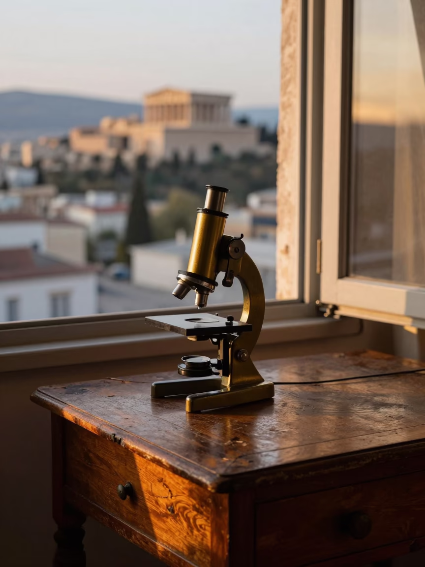 Athens Greece Evening Street Scene with Antique Microscope on Desk in in Athens, Greece