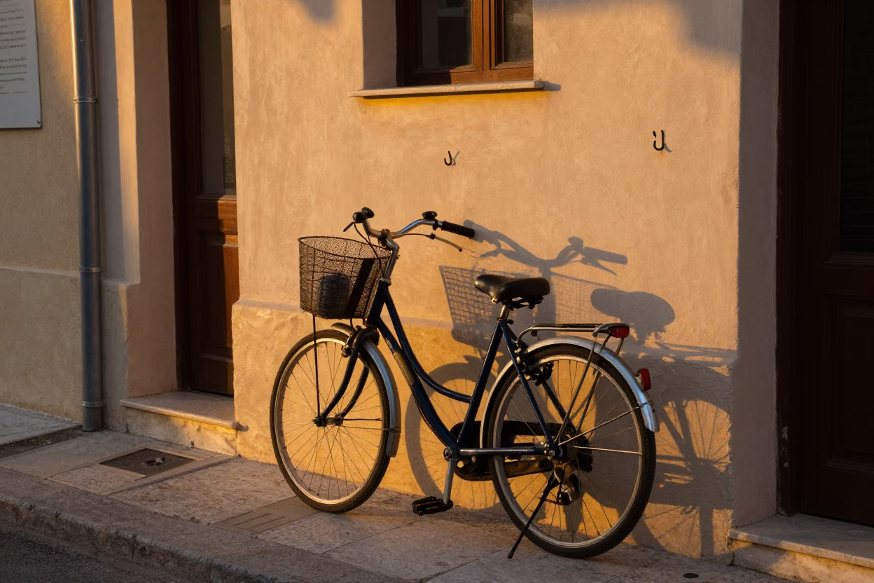 Athens Greece Evening Street Scene with Bicycle Basket and Wall Hook in in Athens, Greece
