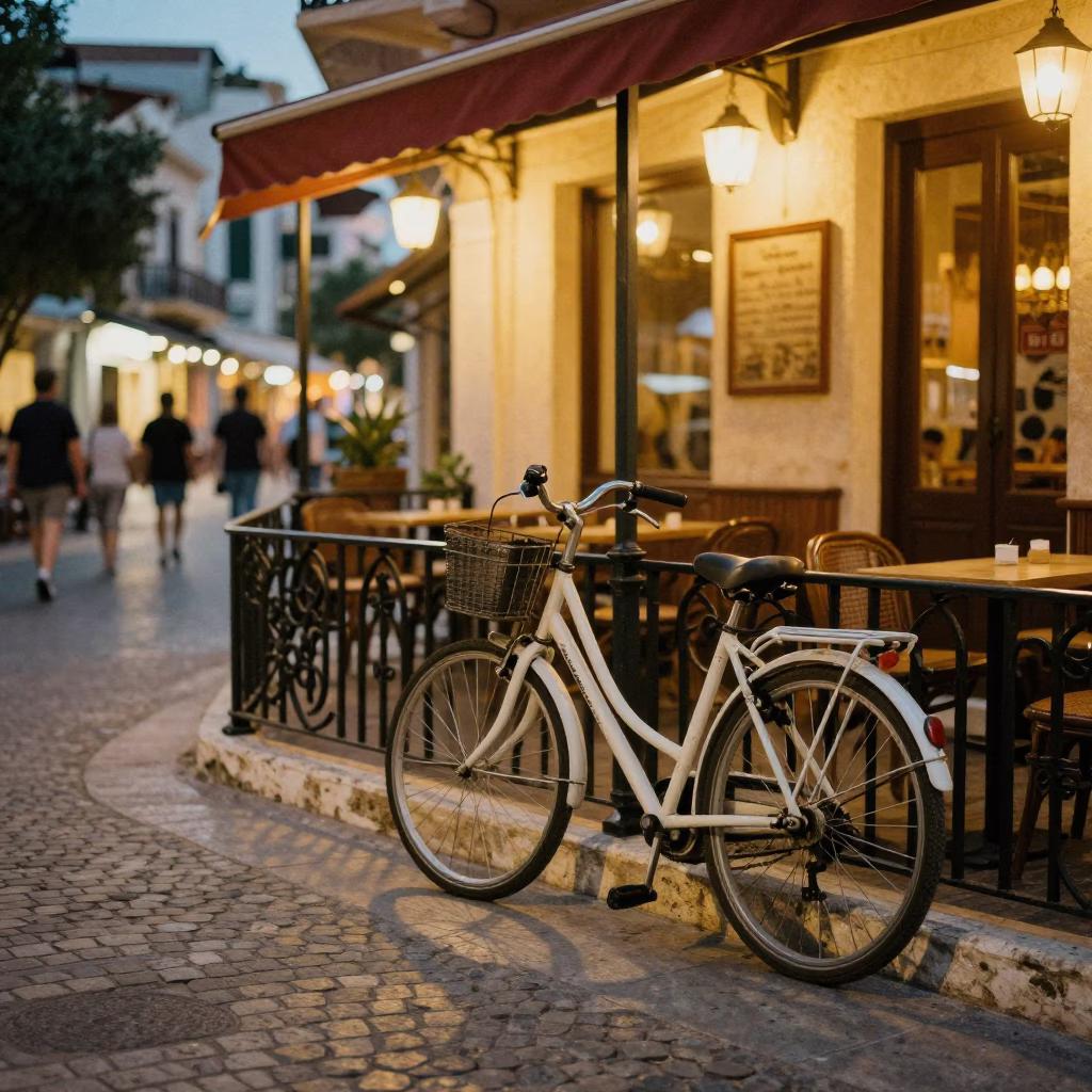 Athens Greece Evening Street Scene with Bicycle Leaning Against Cafe at Twilight in in Athens, Greece