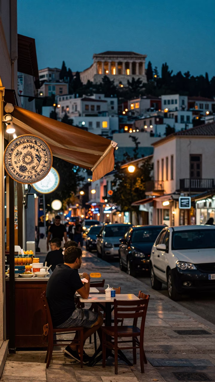 Athens Greece Evening Street Scene with Ceramic Plate and Local Dining in in Athens, Greece