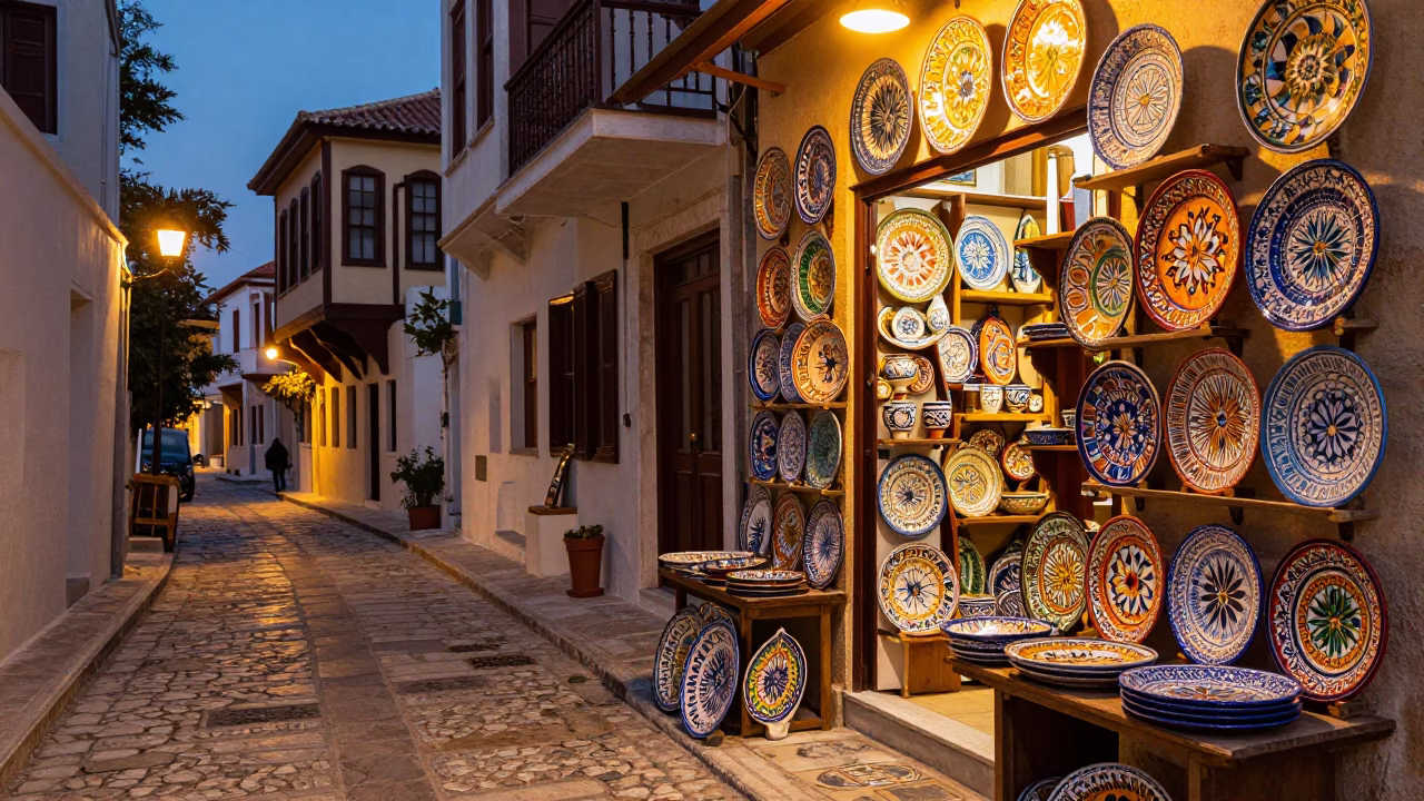 Athens Greece Evening Street Scene with Colorful Majolica Plates and Suburban Life in in Athens, Greece