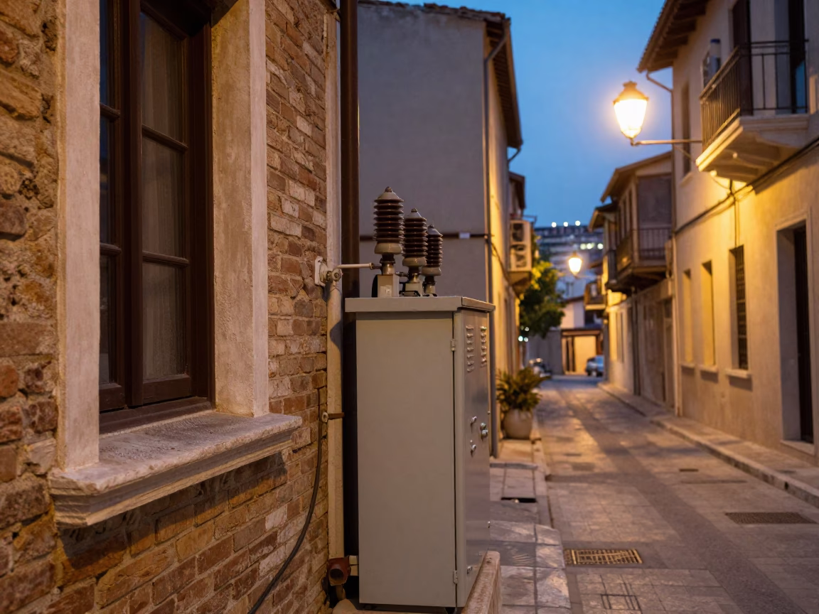 Athens Greece evening street scene with condensation on window sill and substation insulators in in Athens, Greece