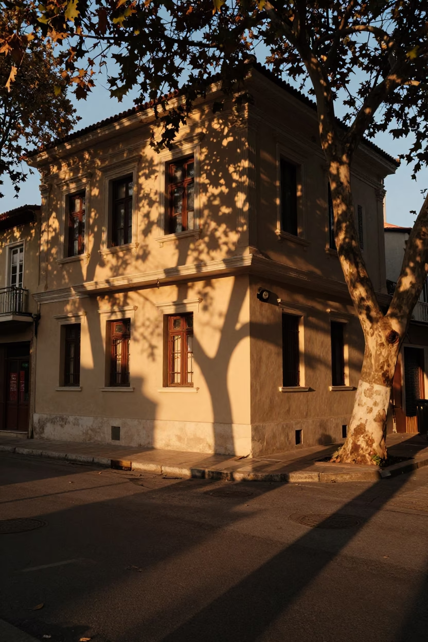 Athens Greece Evening Street Scene with Leaf Shadows and Vintage Details in in Athens, Greece