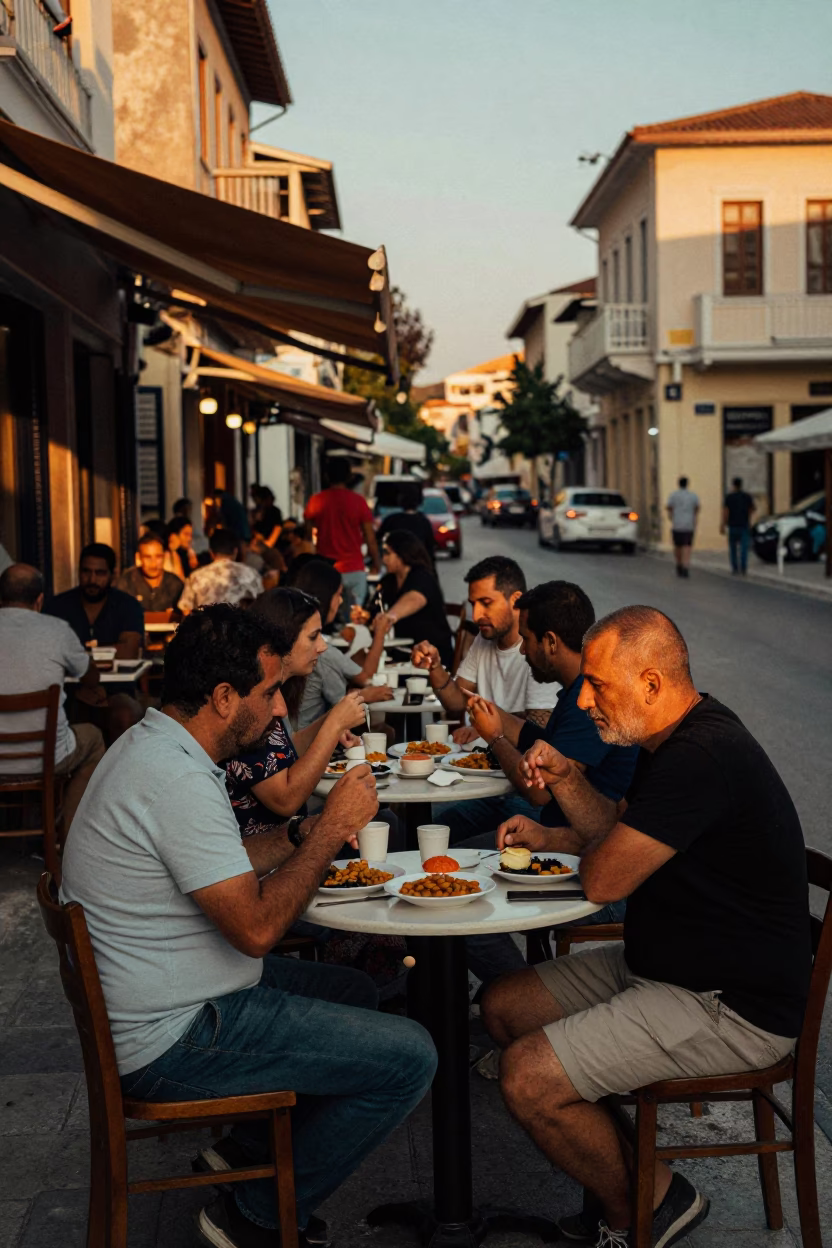 Athens Greece Evening Street Scene with Local Diners and Urban Details in in Athens, Greece