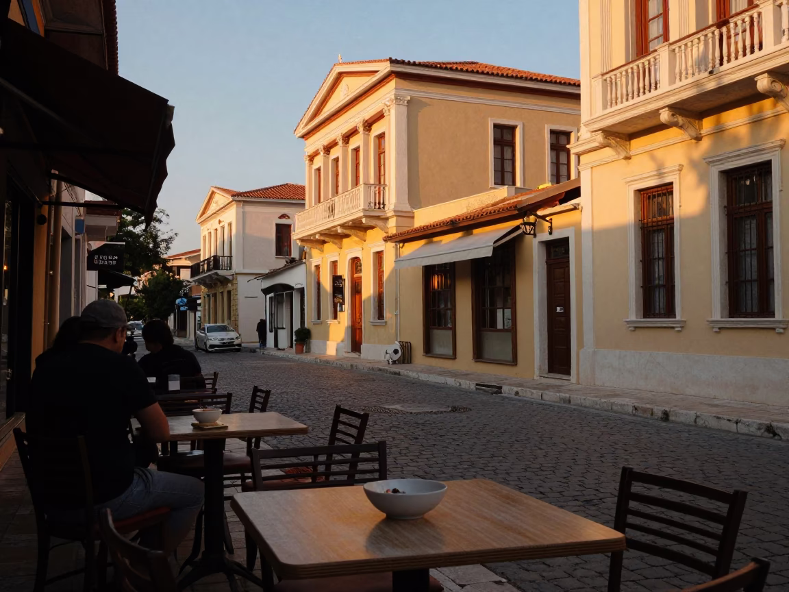 Athens Greece Evening Street Scene with Local Dining and Historic Architecture in in Athens, Greece