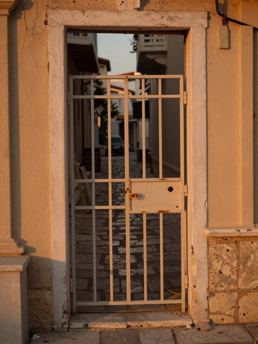 Athens Greece Evening Street Scene with Paint Flecks on Doorframe and Garden Gate in in Athens, Greece