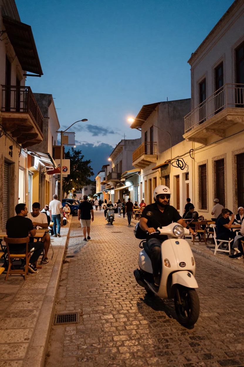 Athens Greece Evening Street Scene with Scooter and Local Life in in Athens, Greece