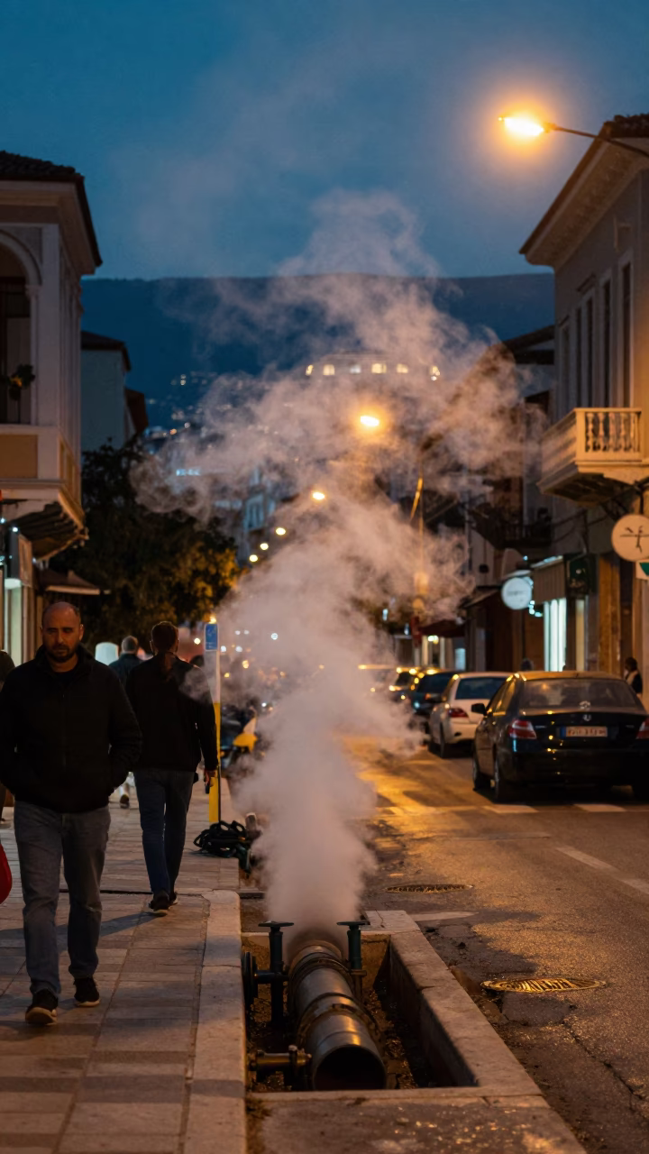 Athens Greece Evening Street Scene with Steaming District Heating Pipe and Autumn Leaves in in Athens, Greece