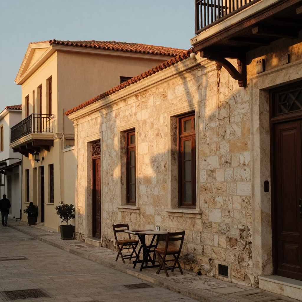 Athens Greece Evening Street Scene with Stone Architecture and Local Dining in in Athens, Greece