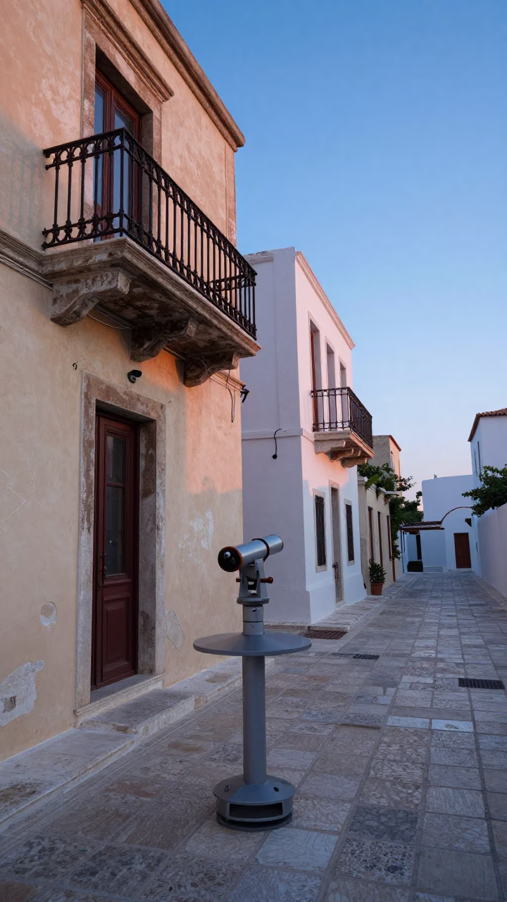Athens Greece First Light Dawn Street Scene with Telescope and Local Life in in Athens, Greece