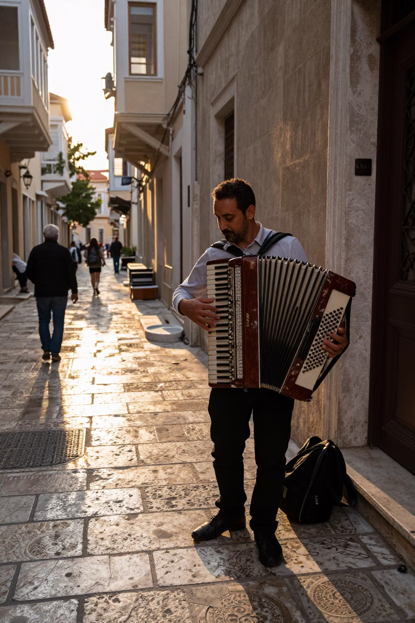 Athens Greece First Light Street Scene with Accordion Player and Local Passersby in in Athens, Greece