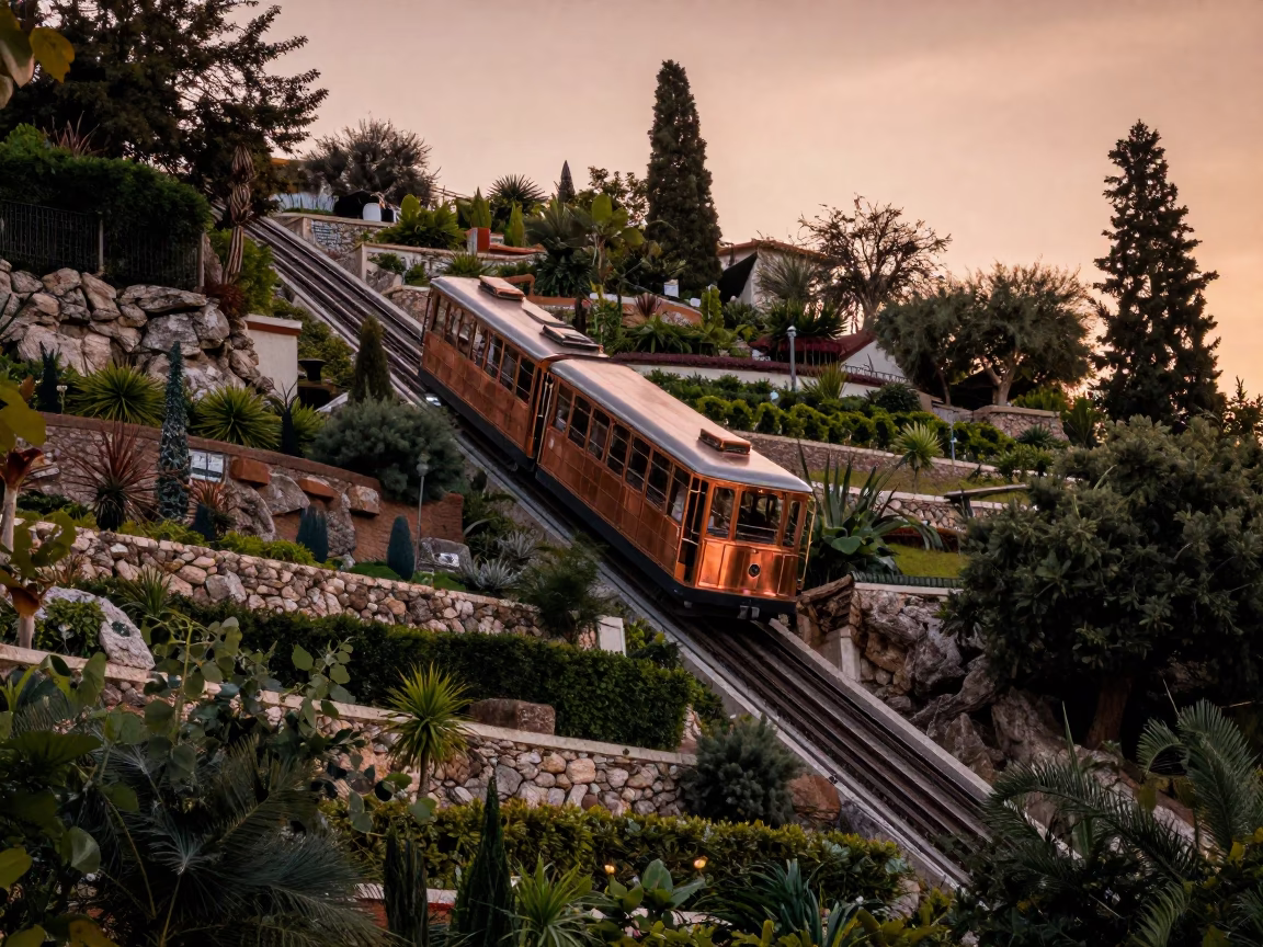 Athens Greece Funicular Railway Rising Through Terraced Gardens in Copper Dusk Light in in Athens, Greece