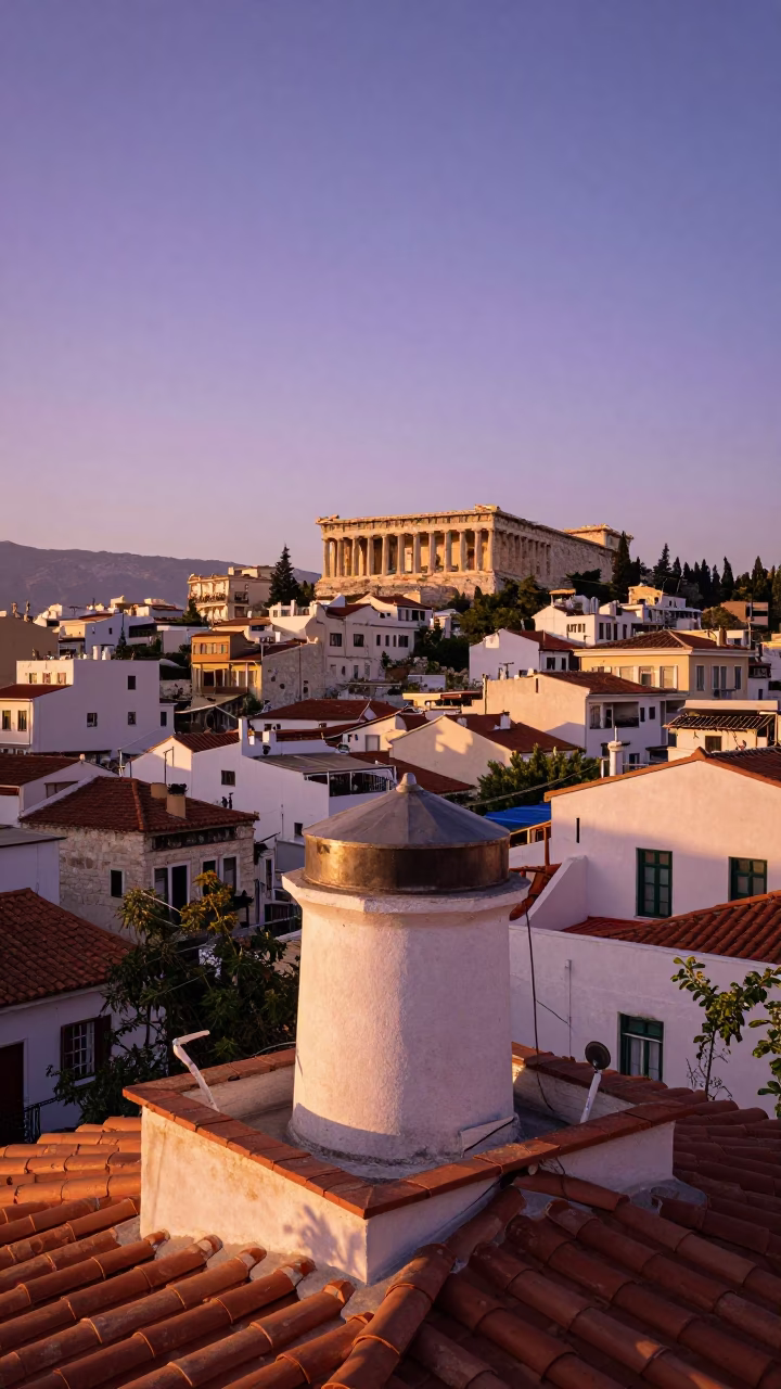 Athens Greece Golden Hour Rooftop Water Tower View Over Historic Neighborhood in in Athens, Greece